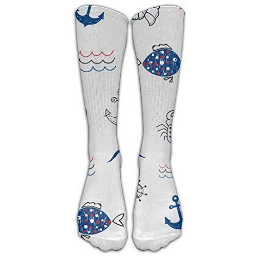 Girls Classics One Size Warm Winter Knee High Socks Ship Anchors Rings Crab Fish Design White Great Quality Perfect Gifts Men Friends Family Long Tube Stockings for Athletic Soccer
