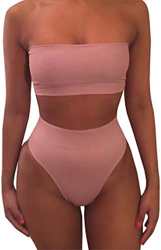 Sheler Women's 2 Piece Solid Bandeau Swimsuit Top Bottom Bikini Sets (Pink, M)