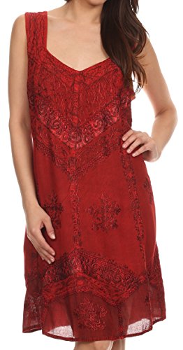 Sakkas 1503 - Vestido Ajustable Sudha Stonewash de Bordado a Media Pierna - Rojo - S/M