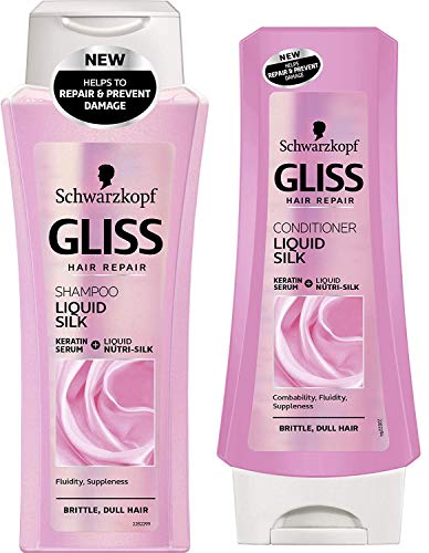 Schwarzkopf. Juego de dos. Champú Gliss Liquid Silk 250 ml y acondicionador 200 ml. Con queratina líquida nutri silk