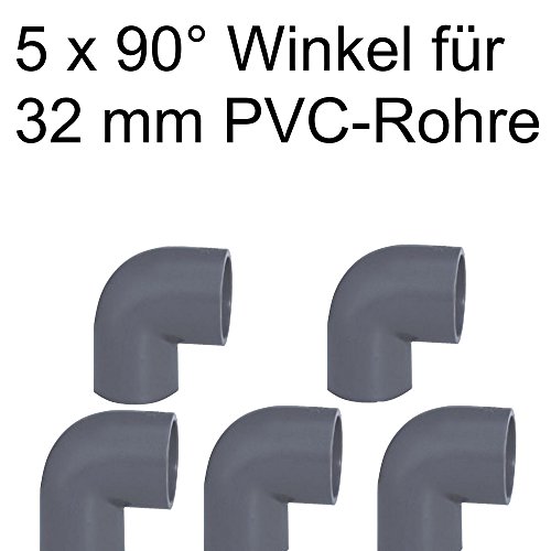 PVC Rohr 32 sowie Rohrverbinder Winkel Kniestück Muffen T-Stück Kappen (5 x 90°Winkel Ø32mm)