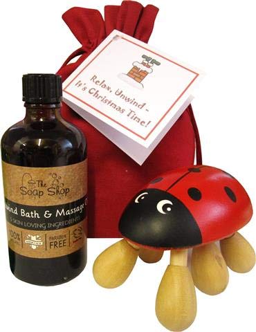 Unwind Bath and Massage Oil with Wooden Lovebug Massager. Ideal Romantic Sharing Gift!