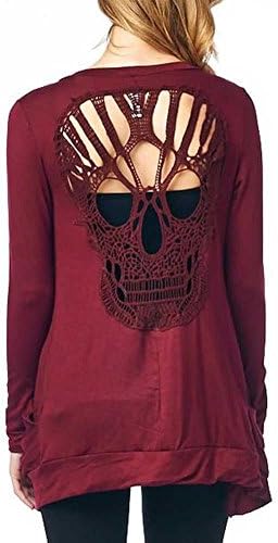 KOINECO Women's Red Back Cut Out Skull Open Front Shirts