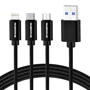 Ambrane Unbreakable 3 in 1 Fast Charging Braided Multipurpose Cable with 2.1 A Speed  1.25 meter