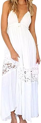 Women Halter Backless Lace Hollow Chiffon A-Line Maxi Boho Dresses White L