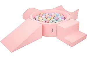 KiddyMoon Spielplatz Aus Schaumstoff Mit Rund Bällebad (200 Bälle) Ballgruben Für Babys Spielbad Hindernisläufen, Hergestellt In Der EU, Pink:Pastellblau/Pastellgelb/Weiß/Minze/Puderrosa