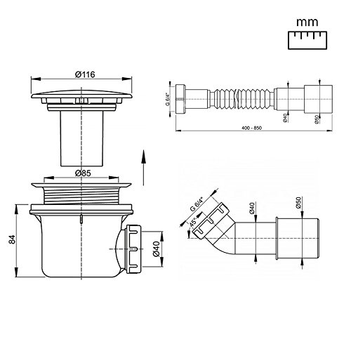 AQUABAD® Trapflex Ablaufgarnitur Set Standard Chrom inkl. Ø90mm Siphon, Ablaufbogen und Flexanschluss - 2