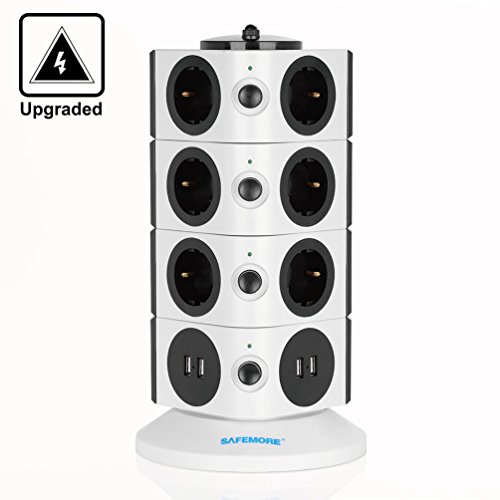 Preisvergleich Produktbild Steckdosenleiste, SAFEMORE Mehrfachsteckdose Überspannungsschutz 2100J Blitzschutz Premium-Line Steckdosen 14-Fach mit 4 USB (5V / 4,2A) hat 2m Kabel und Kindersicherung für Zuhause Büro Elektrische Geräte