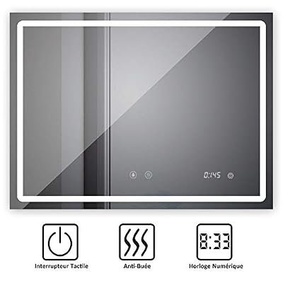 SOGOO Nouvelle Génération 24W 60 x 80cm Miroir Lumineux de Salle de Bains Avec Éclairage LED et Horloge Numérique, Interrupteur Tactile Avec Fonction Mémoire, Lumière Blanche Naturelle 6500K, Design Simple et Élégance