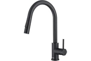 DETBOM Grifo de cocina Negro, Grifo de Cocina Extraible Giratorio 360°, Grifo Mezclador de Cocina de alta Presión con 2 Rociadores, Grifo de Fregadero de Acero Inoxidable con Altura de Caño 179mm