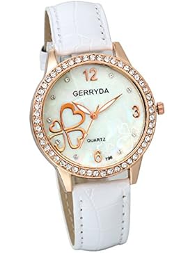 JewelryWe Damen Mädchen Armbanduhr, Analog Quarz, Fashion Elegant Leder Armband Uhr mit Strass Herz Kleeblatt...