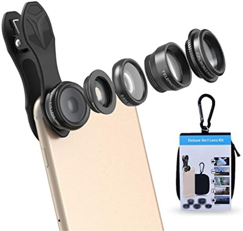 Phone Camera Lens Kit, Universal 5 in 1 Clip-on Zoom lens 198 Degree Fisheye+0.63 Wide Angle Lens+15X Macro Lens+2X Telephoto Lens+CPL Lens