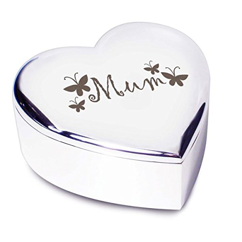 Silver Finish Mum Butterflies Heart Shaped Trinket Box - Great for Birthdays, Christmas and Mothers Day - Show You Care with this Special Gift