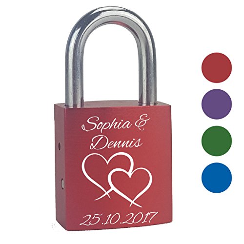 Preisvergleich Produktbild Liebesschloss mit personalisierter Gravur Doppelherz individuell graviert mit Namen und Datum zum Valentinstag Hochzeit Geschenk für Paare Liebe Partnerschaft [beidseitig graviert]