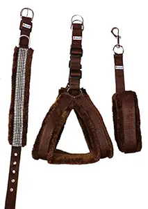 Petshop7 Fur Padded Nylon Dog Harness, Dog Collar & Dog Leash Large (Chest Size - 29-35inch) Brown