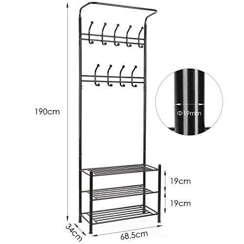HOMFA Garderobenständer Kleiderständer 3 Ablagefächer Schuhablagen mit 18 Garderobenhaken, Höhe 190cm, Breite 68cm, Tiefe 30cm, Schwarz - 2