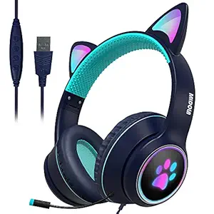 Midola Gaming Wired USB Connect Cat Ear Headphone 7.1 Surround Stereo Over Ear LED Light Fit Adult & Kid Girl Boy Foldable Headset with Mic for PC Game Laptop Pad Deep Blue