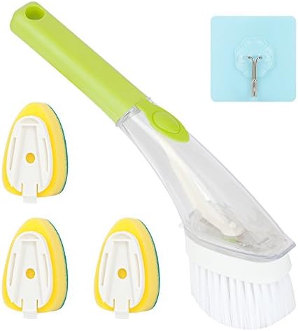 Teroys Multi Purpose Dish Brush, Soap Dispensing Sink Brush, Comfortable Rubber Grip with PP head Replacement Sponge Head and Free Matching Hook, for Pots Pans Skillet Cleaning (1 Brush+2Brush head)