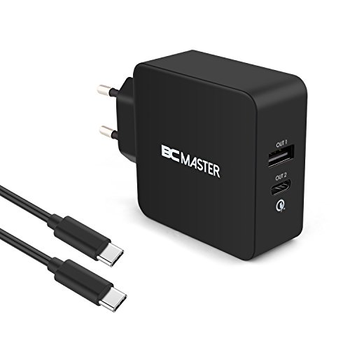 USB-C USB Ladegerät, BC Master Quick Charge 3.0 34.5W 2 Port Schnellladegerät (USB-A+Typ-C Port)für Samsung,Iphone,LG G5,HTC 10,New Macbook,Google Chromebook und Mehr - Schwarz(mit USB Kable)