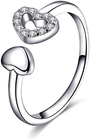 Shawa Jewelry Double Heart Shaped Ring 925 Sterling Siliver Open Band with Crystal for Women Adjustable Size