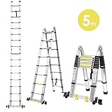 Fixkit Echelle Télescopique Escabeau Telescopique Echelle Pliante Echelle Escamotable en Aluminium 2.6M/3.2M/3.8M/5M (5M Pliante)