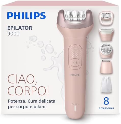 Philips Epilatore Serie 9000 - Epilatore elettrico Wet & Dry senza fili, per gambe, corpo e zona bikini, con ProGuide, 8 accessori, autonomia di 60 minuti, modello BRE719/00