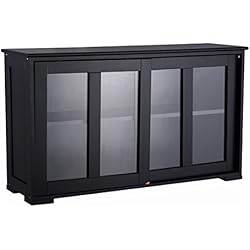 Goplus Buffet de Cuisine Pratique Meuble de Rangement Bas avec Porte Coulissante en Verre Trempé et 2 Etagères en MDF Blanc 106,7 x 33 x 62,5 CM (Noir)