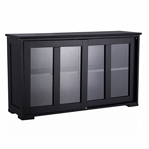 Goplus Buffet de Cuisine Pratique Meuble de Rangement Bas avec Porte Coulissante en Verre Trempé et 2 Etagères en MDF Blanc 106,7 x 33 x 62,5 CM (Noir)