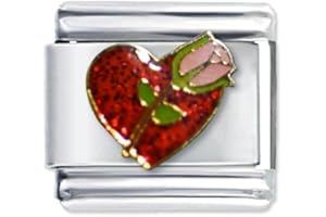 Quiges - Modulo Charm Link in stile italiano da 9 mm in acciaio inox Rosa con cuore per bracciali in stile Italian Links