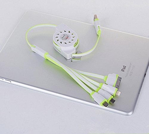 J2CC Multi Ladegerät einziehbar 4 in 1 Multiple USB Ladekabel Adapterstecker mit 8 Pin Lightning / 30 Pin / Micro USB2.0 / Mini USB-Ports für alle iPhone, iPad, iPod, Android, Amazon Kindle, mp3, mp4, Power Bank, Auto Aufladeeinheit und mehr (100cm, weißes + fluoreszierendes Grün) - 2