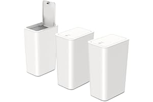 ACCMUZZY 3pcs 9L Touch Top Bathroom Bin - Slim Plastic Trash Can with Lid for Bedroom, Kitchen, Office, Living Room and Toilet - Dog-Proof Narrow Design (White)