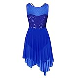 turnanzüge langarm blau Rundhalsausschnitt, Spaghetti-Träger am Rücken, Top-Oberteil mit Glitzer-Pailletten, asymmetrischer Mesh-Rock an der Taille.