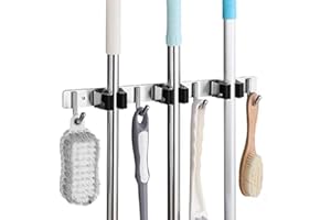 SHYOSUCCE HYOSUCCE Broom Mop Holder, Stainless Steel Broom Storage with Racks and Hooks, Broom Holder Wall Mounted for Kitchen, Bathroom, Garage, Garden (Black, 4 Hooks and 3 Racks)