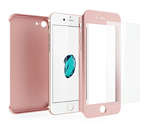 New 3 in 1 Hybrid 360 Degree Front Back Shockproof Case Hard Cover with Tempered Glass Protector [Not Reveal Apple Logo] For Apple iPhone 6/6s 7 7 Plus (iPhone 6/6s, Rose Gold)