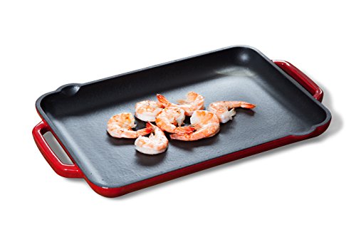 Tivoli / BBQ Grill / Plancha / Rectangulaire / Rouge / 32,5 x 22 cm / Convient pour tous les types de cuisson/ grill en fonte pour induction / émaillée extérieur