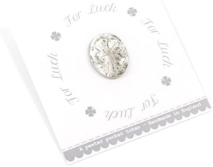 Metal Planet Ltd Clover leaf pewter coin (token) on a printed 'For Luck' gift card.