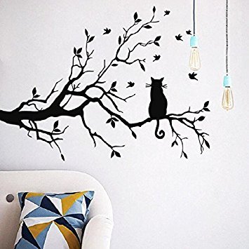 Tapete Schwarz Katze Ast Wand Aufkleber Aufkleber Home Dekoration wiederablösbar Wandbild DIY Decor - 2