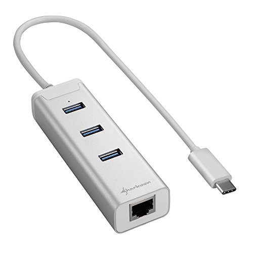 Sharkoon 3-Port Aluminium Hub (mit RJ45 Ethernet Adapter, USB 3.0, Type C) silber