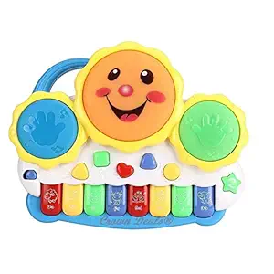 Crown Deals Kids ABS Plastic Battery Operated Drum Piano Keyboard Musical Toys with Flashing Lights, Animal Sounds & Songs - Multicolour