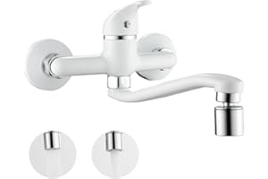 Maynosi Robinet de Cuisine Mural Avec 2 Jets, Mitigeur d'évier Cuisine, Robinets Mural Cuisine Bec Pivotant à 360°, Robinet en Laiton pour le Chaude et Froide, Trous de Montage Réglables, Blanc