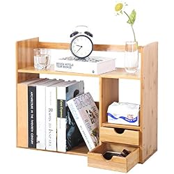 DlandHome Petite Bibliothèque en Bambou, Étagères et Tiroirs de Rangement sur Le Bureau