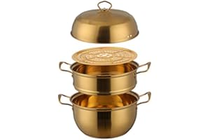 SUNSENGEUR 3 Tier Premium Heavy Duty Stainless Steel Steamer Pot Set Includes 2 Tier Cooking Pot, 1 Steaming Septa and Pot Lid | Stack, Steam Pot Set for All Cooking Surfaces -Gold