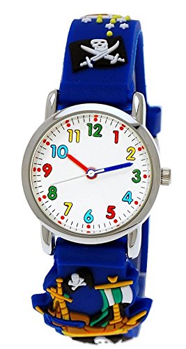 Pure Time® Kinder-Uhr Mädchen-Uhr für Kinder Jungen-Uhr Silikon-Kautschuk Armband-Uhr Uhr mit 3d Piraten Motiv Lern-Uhr Schul-Uhr Sport-Uhr Blau Hell-BLAU Schwarz Rot Grün (Blau.)