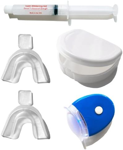 Teeth Whitneing kit to use at home with non-peroxide gel, mouth trays and case, and a LED lamp to speed up the process