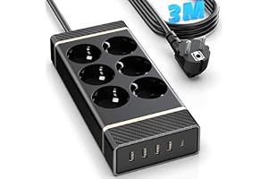 USB-C-uttag 20 W, 6 uttag, 3 m kabel, strömbrytare, väggmontering | 4 USB-A, 45° uttag, överladdningsskydd och barnsäkerhet, 2 400 W/10 A, för skrivbord, vardagsrum och sovrum