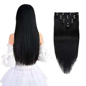 Clip In Real Hair Extensions Remy Straight Human Hair Extensions Black Double Weft Thick Clip on Extensions For Women 8pcs 100g (16 inch, 1(Jet Black))