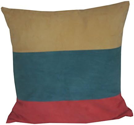 Genuine suede leather cushion cover in yellow, red, and turquoise stripes. 18in x 18in or 45cm x 45cm