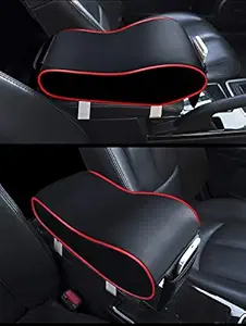 PegasusPremium 3D PU Leather Breathable Memory Foam Car Centre Console Armrest Cushion with Phone Pocket for All Cars (Black-Red)