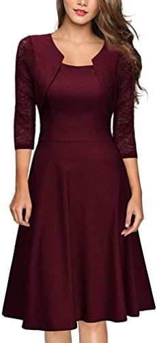 Leisun Womens Vintage Lace Dresses Ladies Girls O-Neck Three Quarter Sleeve Wedding Dress Elegant Stitching Cocktail Dress Solid Color Casual Evening Dress Beautiful Business Dress (XXL, Wine)