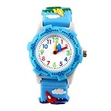 Kinderuhr Junge Armbanduhr Analog Quarz Uhr Gummi-Armband 3D Bilder - Himmelblau - Kampfflugzeug